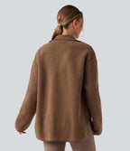 Long Sleeve High-Low Curved Hem Workout Sherpa Jacket with Pockets — Thrush — view 2
