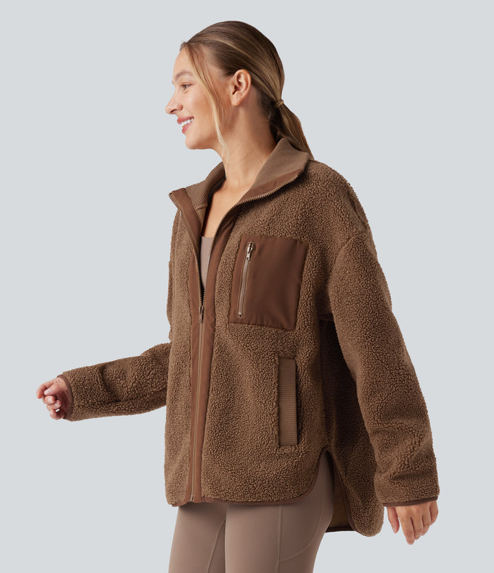 Long Sleeve High-Low Curved Hem Workout Sherpa Jacket with Pockets — Thrush — view 1