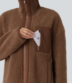Long Sleeve High-Low Curved Hem Workout Sherpa Jacket with Pockets — Thrush — view 4