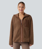 Long Sleeve High-Low Curved Hem Workout Sherpa Jacket with Pockets — Thrush — view 3