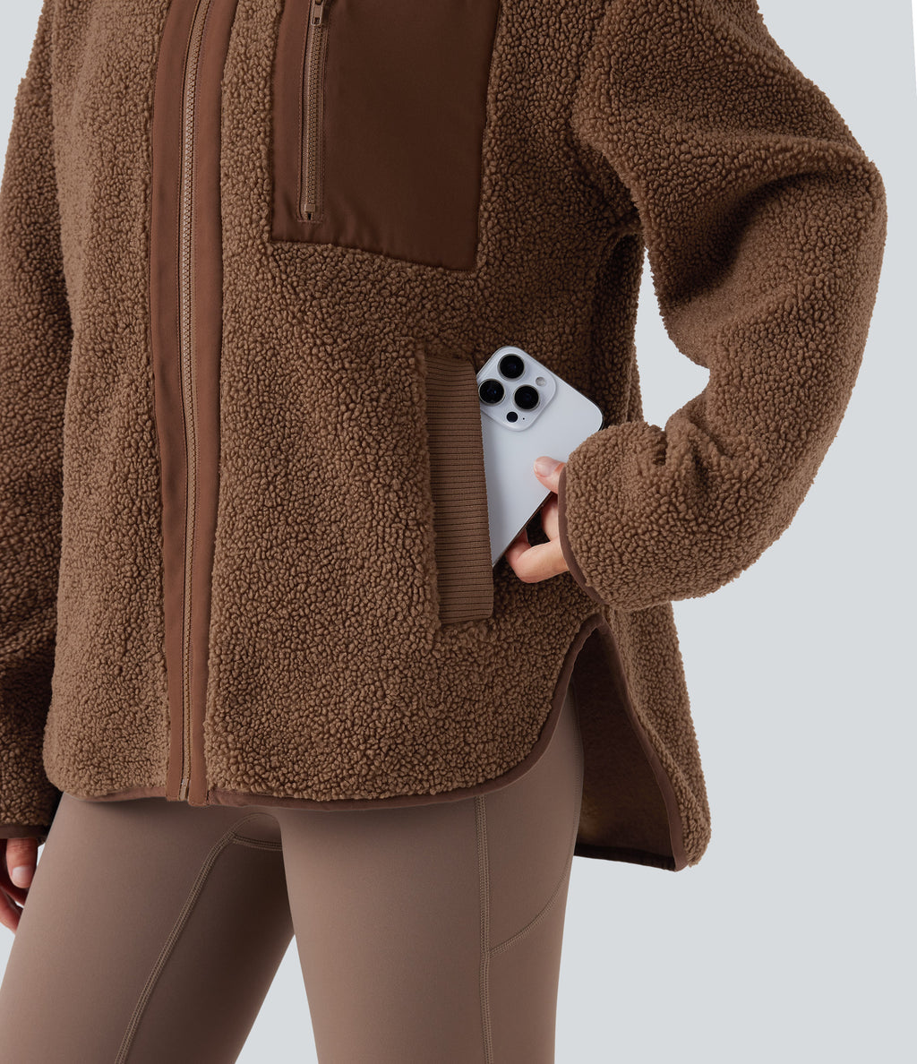 Long Sleeve High-Low Curved Hem Workout Sherpa Jacket with Pockets — Thrush — view 5