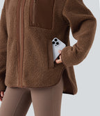 Long Sleeve High-Low Curved Hem Workout Sherpa Jacket with Pockets — Thrush — view 5