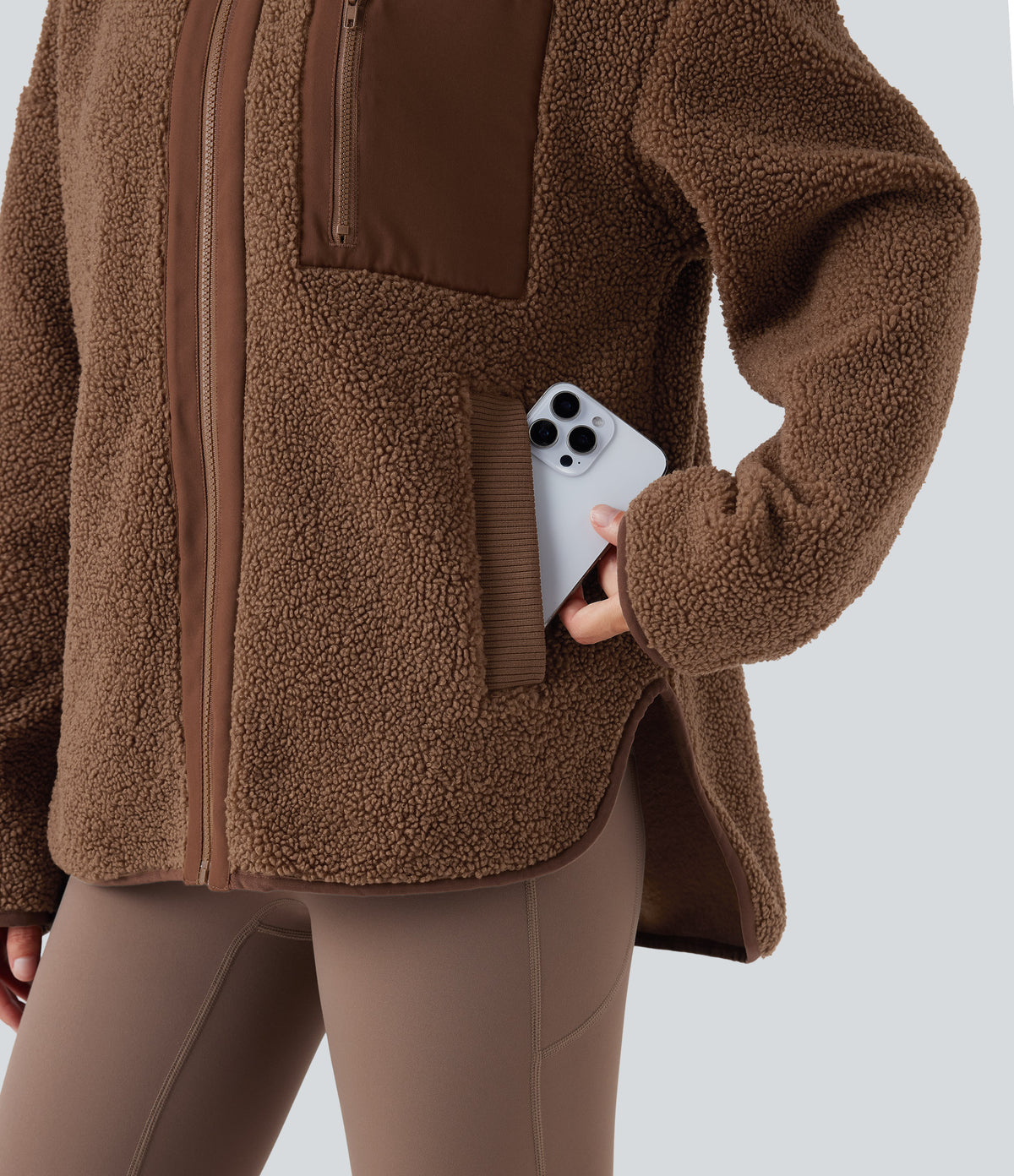 Long Sleeve High-Low Curved Hem Workout Sherpa Jacket with Pockets — Thrush — view 5