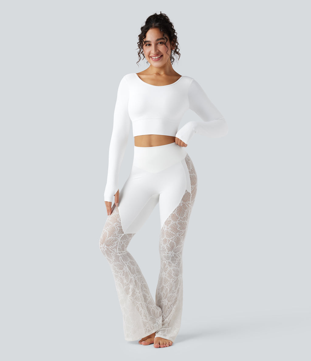 Push-Up Long Sleeve Thumb Hole Contrast Lace Cropped Yoga Sports Top — White — view 6