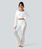 Push-Up Long Sleeve Thumb Hole Contrast Lace Cropped Yoga Sports Top — White — view 6
