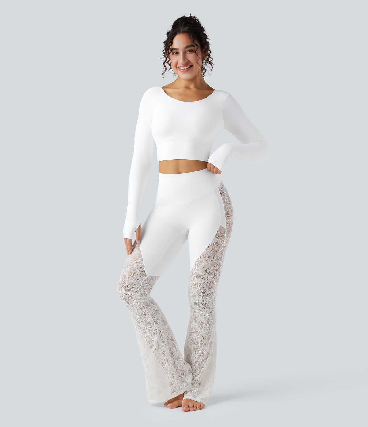 Push-Up Long Sleeve Thumb Hole Contrast Lace Cropped Yoga Sports Top — White — view 6