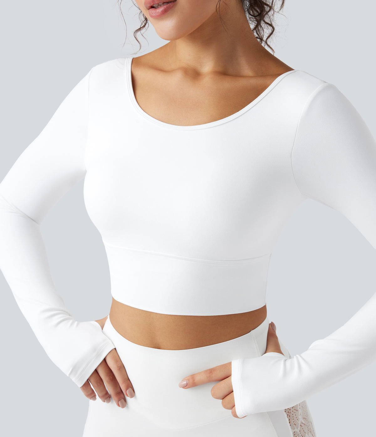 Push-Up Long Sleeve Thumb Hole Contrast Lace Cropped Yoga Sports Top — White — view 4