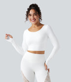 Push-Up Long Sleeve Thumb Hole Contrast Lace Cropped Yoga Sports Top — White — view 2
