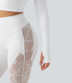 Push-Up Long Sleeve Thumb Hole Contrast Lace Cropped Yoga Sports Top — White — view 5