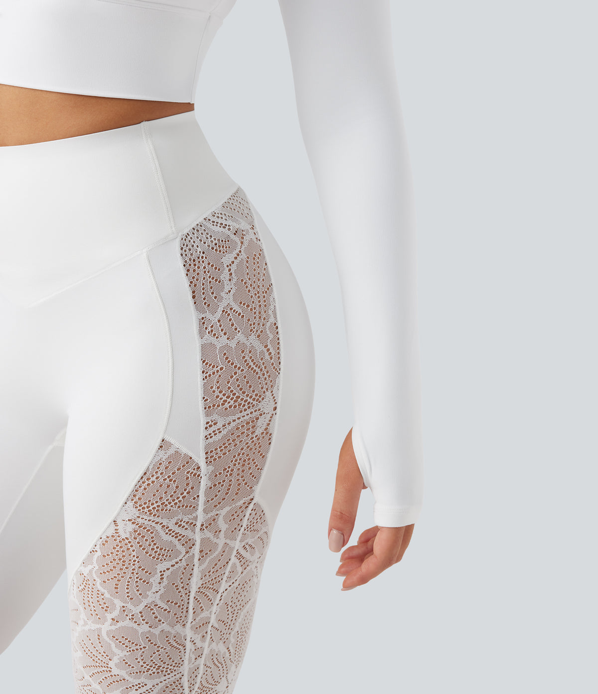 Push-Up Long Sleeve Thumb Hole Contrast Lace Cropped Yoga Sports Top — White — view 5