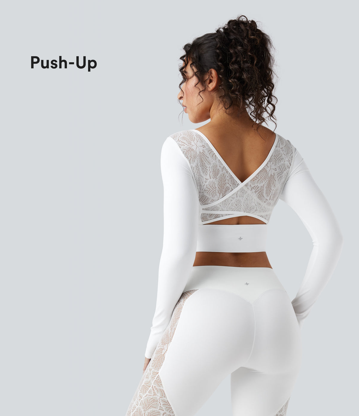 Push-Up Long Sleeve Thumb Hole Contrast Lace Cropped Yoga Sports Top — White — view 1