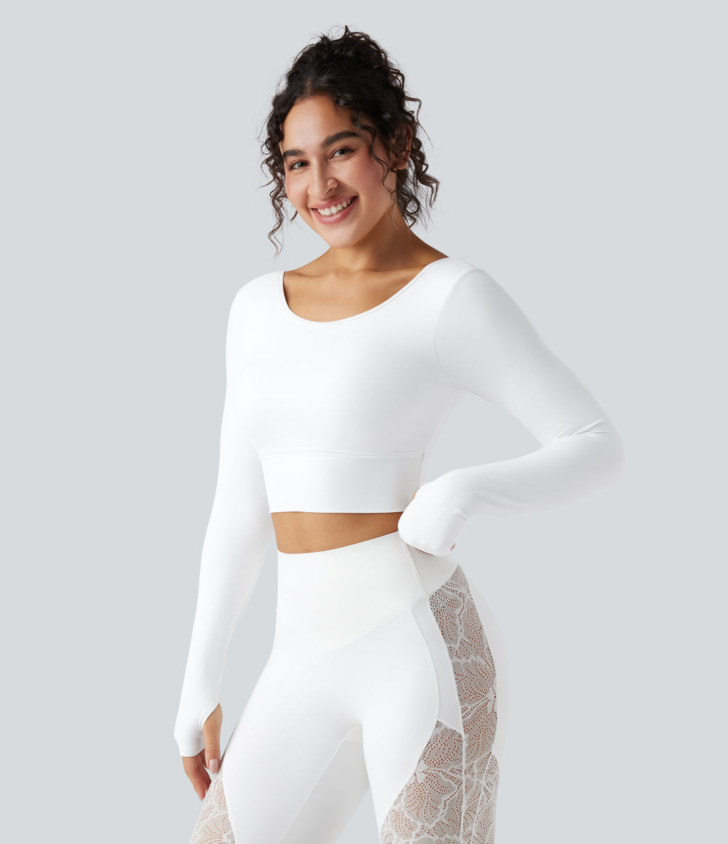 Push-Up Long Sleeve Thumb Hole Contrast Lace Cropped Yoga Sports Top — White — view 3