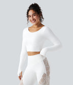 Push-Up Long Sleeve Thumb Hole Contrast Lace Cropped Yoga Sports Top — White — view 3
