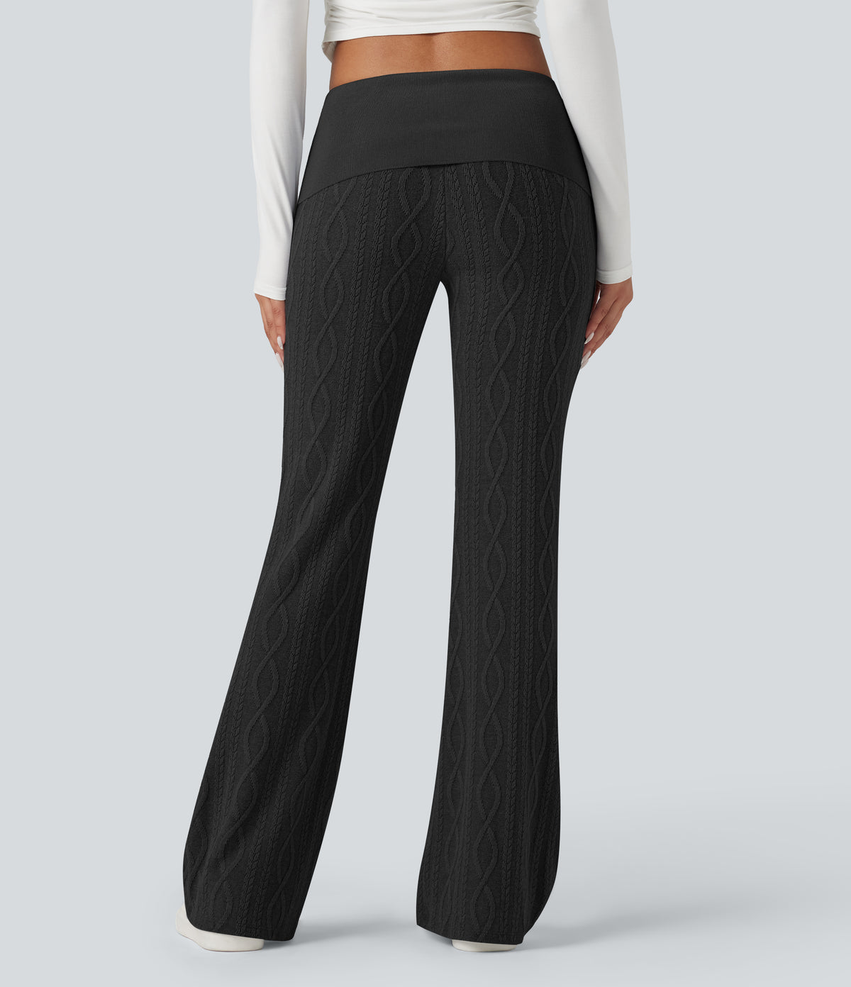 Foldover Low Rise Jumper Knit Flared Casual Trousers — Black — view 2