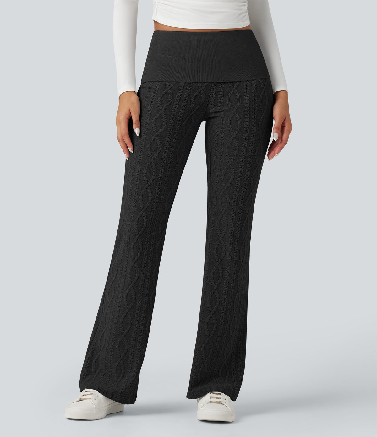 Foldover Low Rise Jumper Knit Flared Casual Trousers — Black — view 1