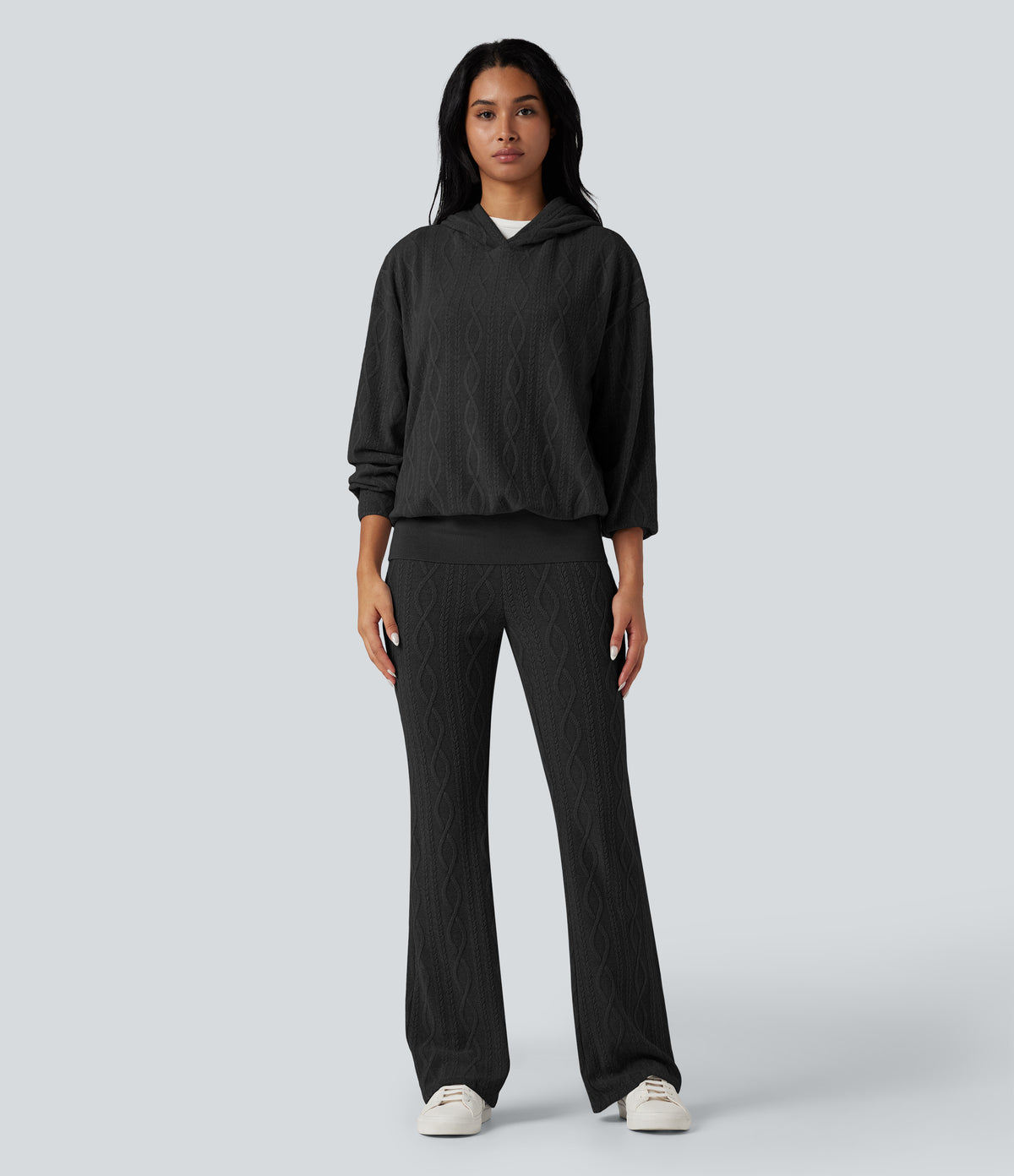 Foldover Low Rise Jumper Knit Flared Casual Trousers — Black — view 6