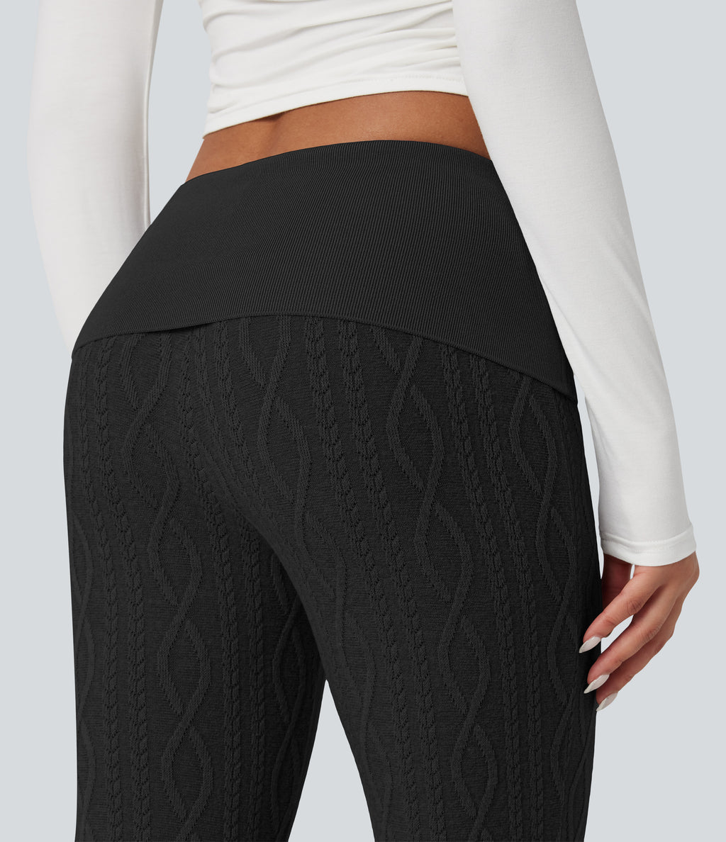 Foldover Low Rise Jumper Knit Flared Casual Trousers — Black — view 5