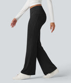 Foldover Low Rise Jumper Knit Flared Casual Trousers — Black — view 3