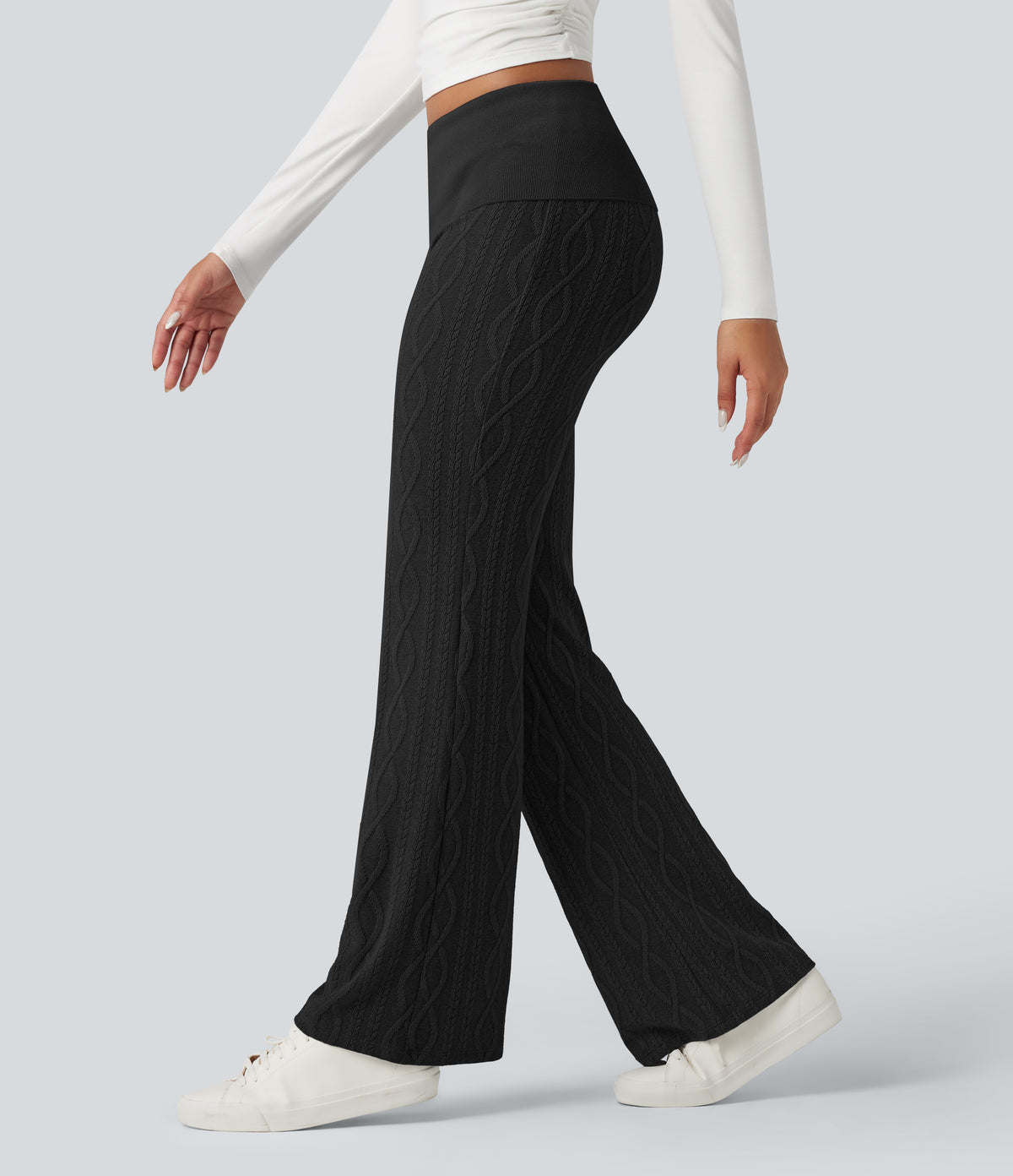 Foldover Low Rise Jumper Knit Flared Casual Trousers — Black — view 3