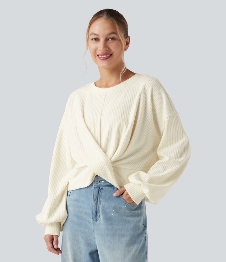 Ribbed Knit Round Neck Long Sleeve Twisted Hem Fleece Casual Sweatshirt — Vanilla Ice — view 1