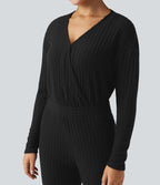 Ribbed Knit V-neck Long Sleeve Fleece Casual Jumpsuit — Black — view 6