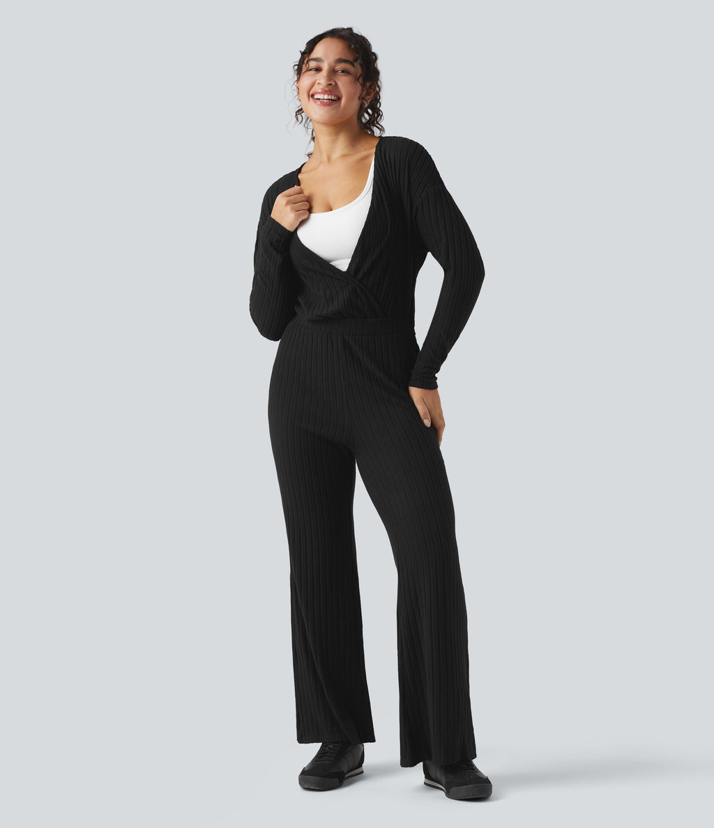 Ribbed Knit V-neck Long Sleeve Fleece Casual Jumpsuit — Black — view 7