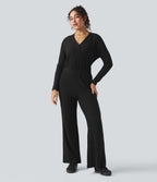 Ribbed Knit V-neck Long Sleeve Fleece Casual Jumpsuit — Black — view 3