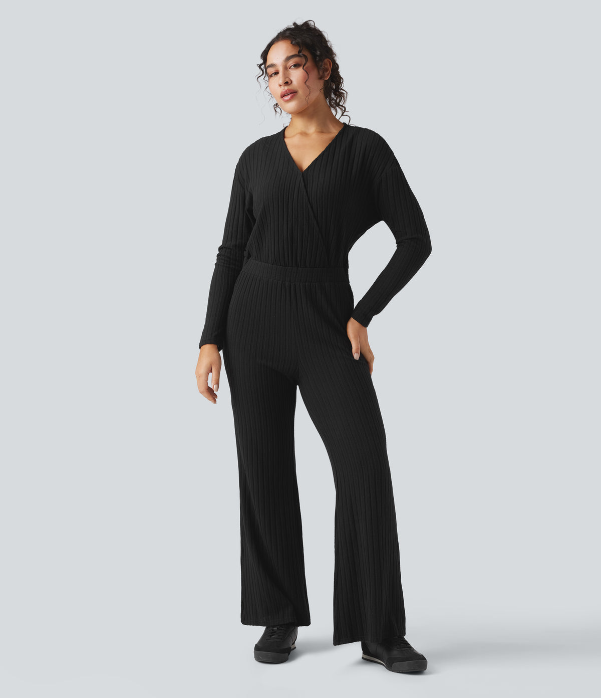 Ribbed Knit V-neck Long Sleeve Fleece Casual Jumpsuit — Black — view 3