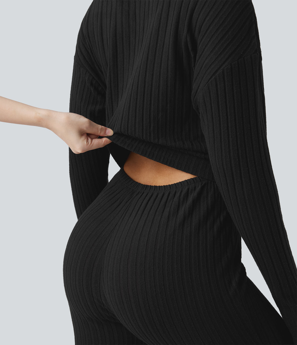 Ribbed Knit V-neck Long Sleeve Fleece Casual Jumpsuit — Black — view 4