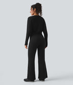 Ribbed Knit V-neck Long Sleeve Fleece Casual Jumpsuit — Black — view 2