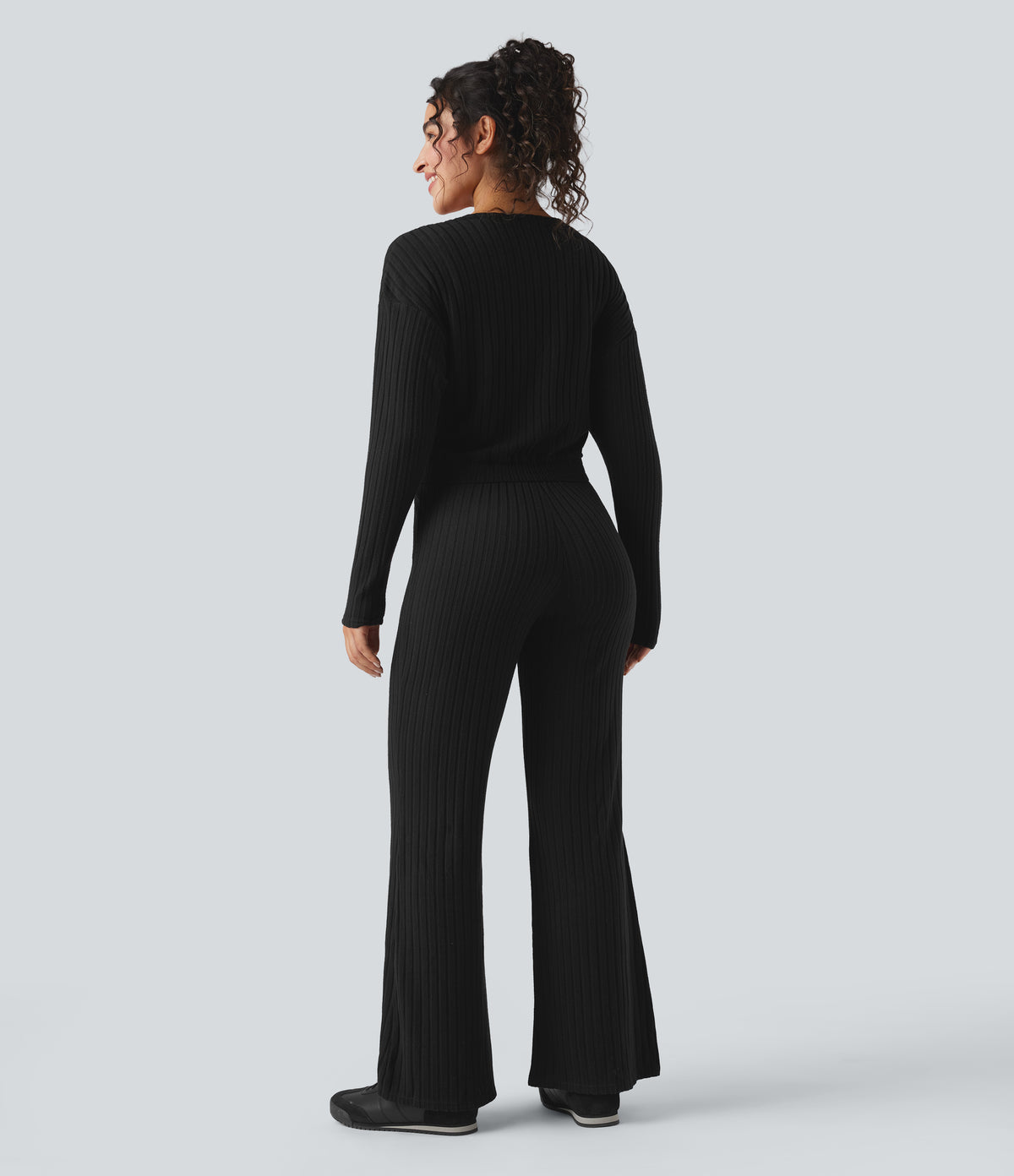 Ribbed Knit V-neck Long Sleeve Fleece Casual Jumpsuit — Black — view 2