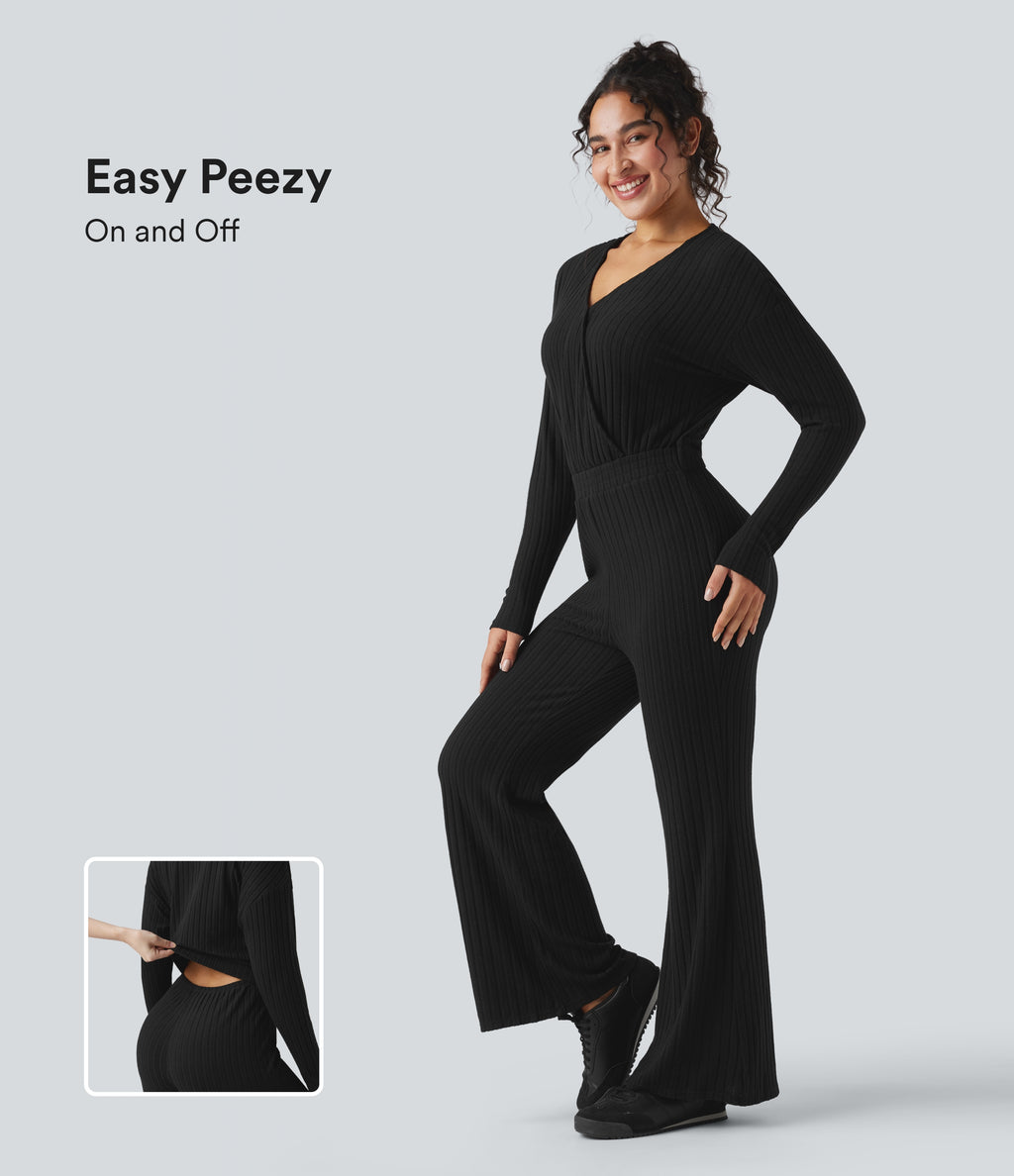 Ribbed Knit V-neck Long Sleeve Fleece Casual Jumpsuit — Black — view 1