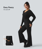 Ribbed Knit V-neck Long Sleeve Fleece Casual Jumpsuit — Black — view 1