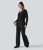 Ribbed Knit V-neck Long Sleeve Fleece Casual Jumpsuit — Black — view 8