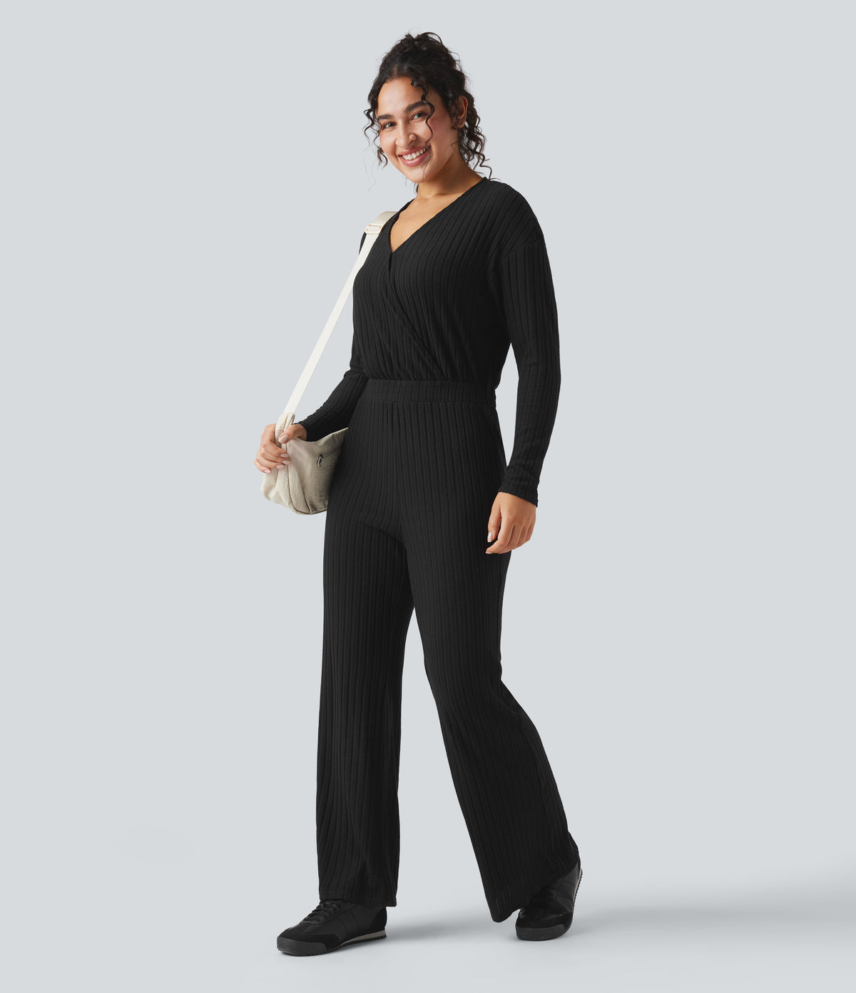 Ribbed Knit V-neck Long Sleeve Fleece Casual Jumpsuit — Black — view 8