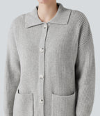 Collar Long Sleeve Button Fly Casual Longline Cardigan with Pockets — Fog Gray — view 4