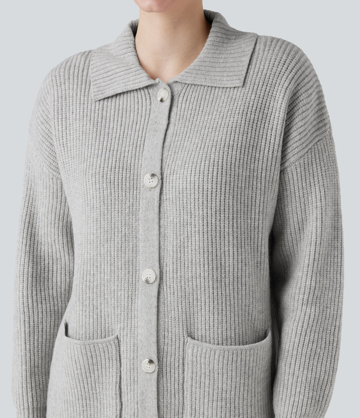 Collar Long Sleeve Button Fly Casual Longline Cardigan with Pockets — Fog Gray — view 4