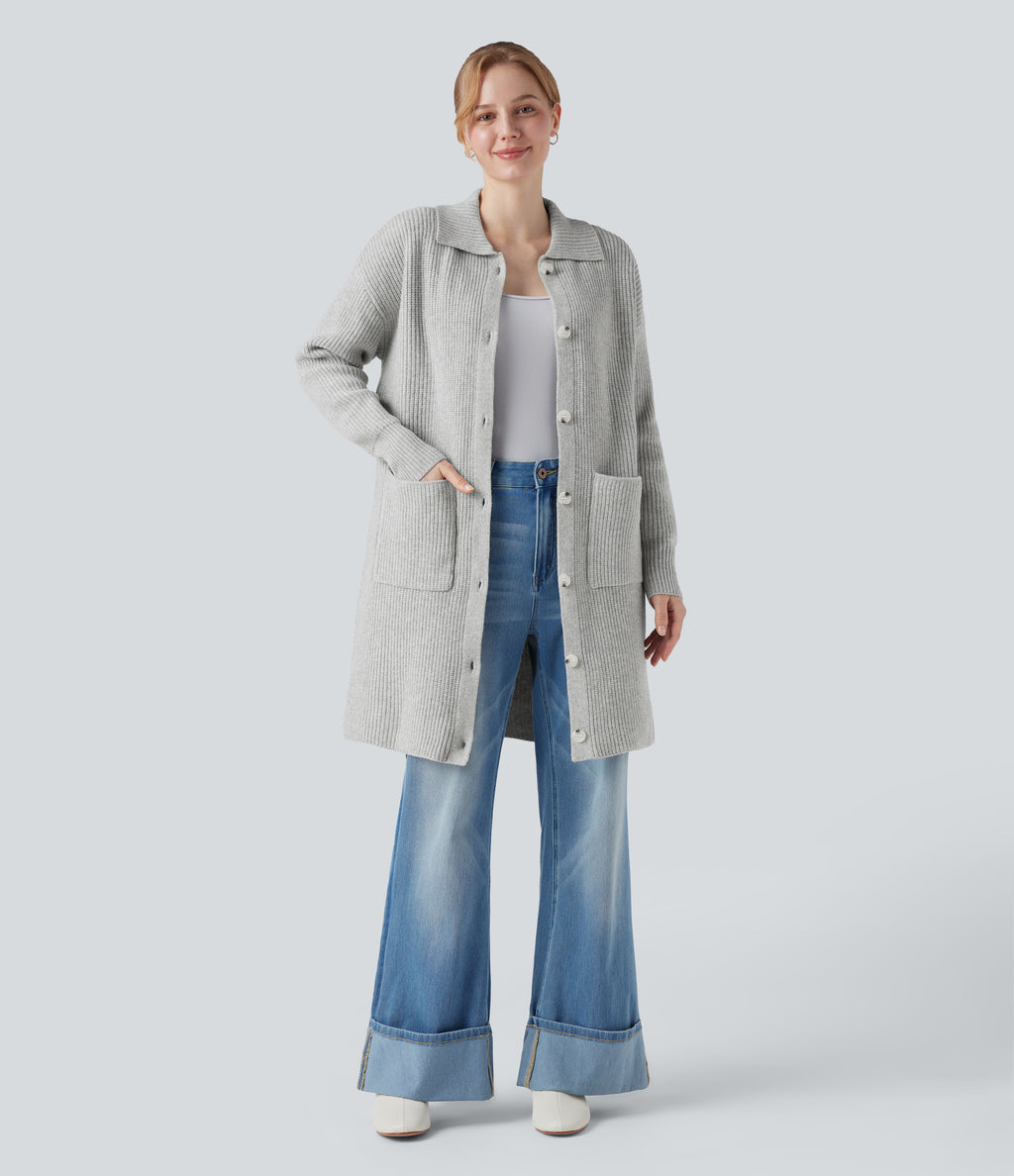 Collar Long Sleeve Button Fly Casual Longline Cardigan with Pockets — Fog Gray — view 8