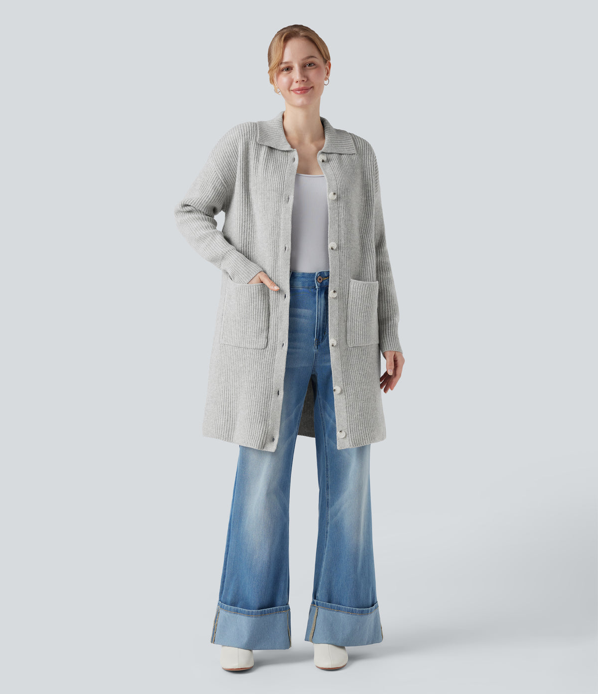 Collar Long Sleeve Button Fly Casual Longline Cardigan with Pockets — Fog Gray — view 8