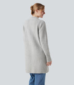Collar Long Sleeve Button Fly Casual Longline Cardigan with Pockets — Fog Gray — view 2