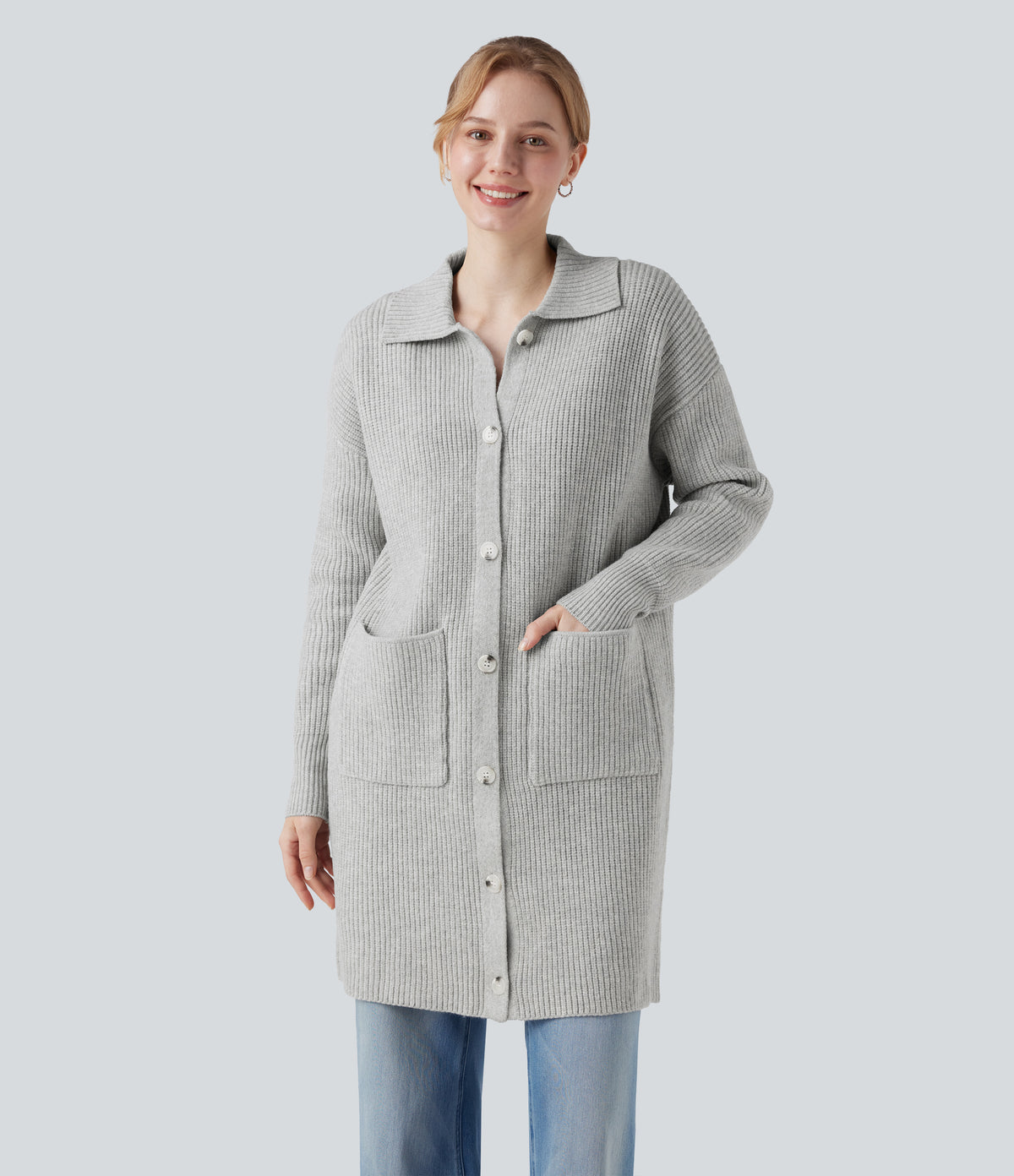 Collar Long Sleeve Button Fly Casual Longline Cardigan with Pockets — Fog Gray — view 6