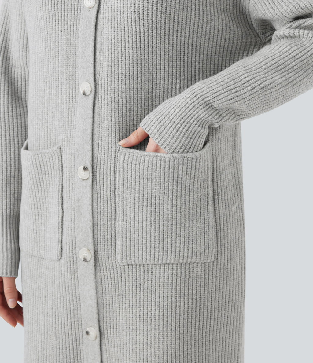 Collar Long Sleeve Button Fly Casual Longline Cardigan with Pockets — Fog Gray — view 5