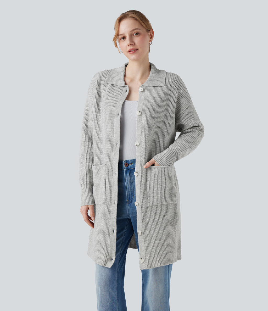 Collar Long Sleeve Button Fly Casual Longline Cardigan with Pockets — Fog Gray — view 1