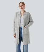 Collar Long Sleeve Button Fly Casual Longline Cardigan with Pockets — Fog Gray — view 1