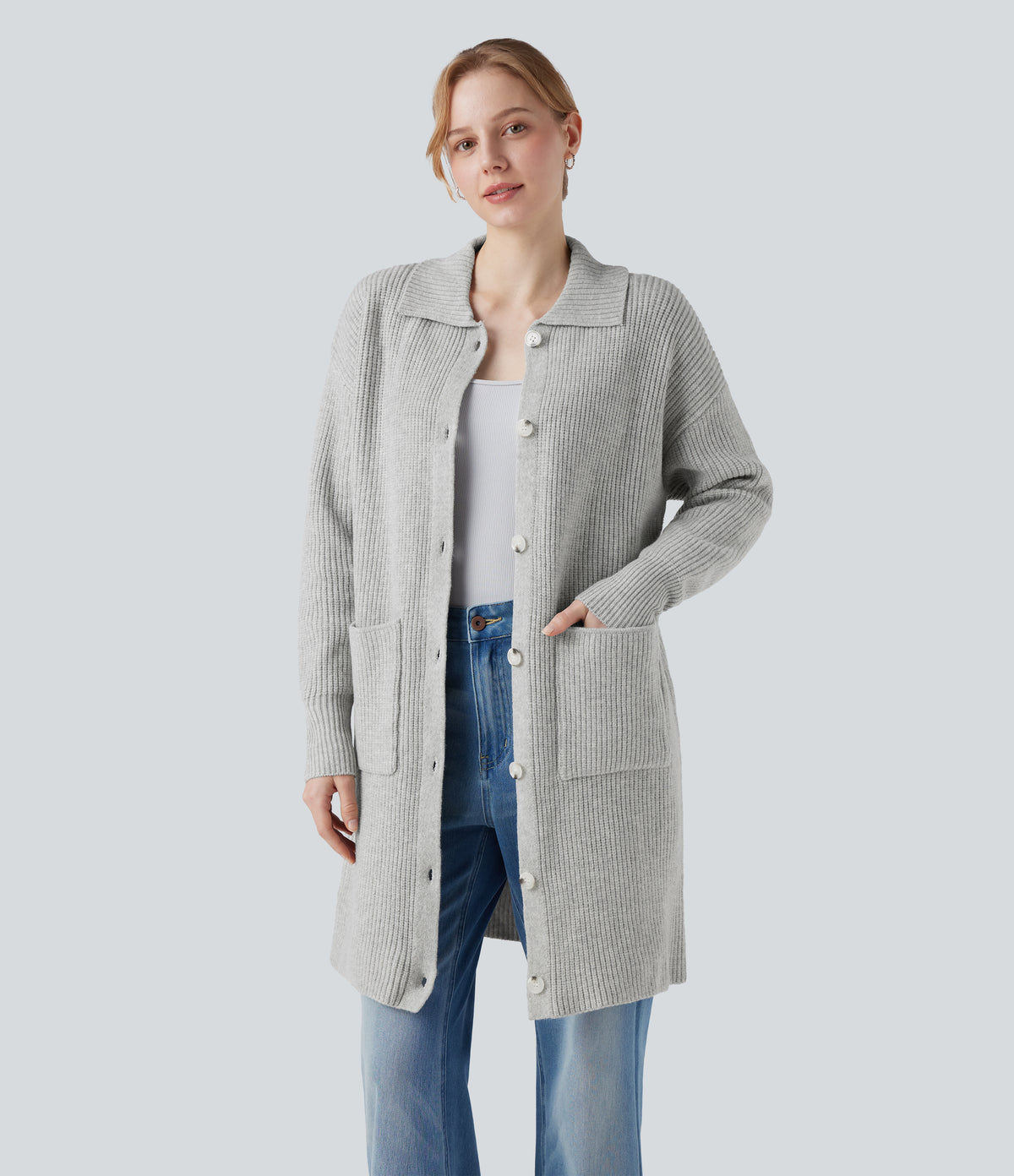 Collar Long Sleeve Button Fly Casual Longline Cardigan with Pockets — Fog Gray — view 1