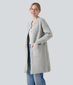 Collar Long Sleeve Button Fly Casual Longline Cardigan with Pockets — Fog Gray — view 3
