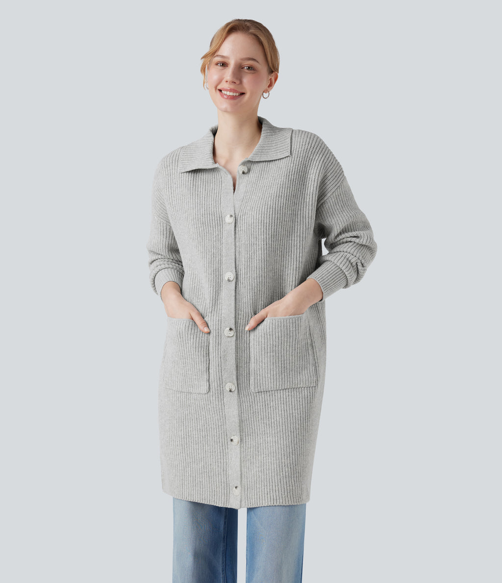 Collar Long Sleeve Button Fly Casual Longline Cardigan with Pockets — Fog Gray — view 7