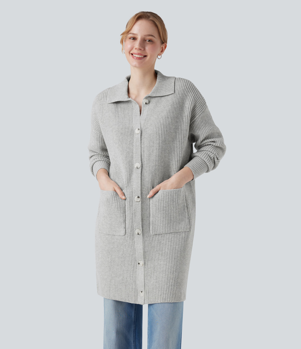 Collar Long Sleeve Button Fly Casual Longline Cardigan with Pockets — Fog Gray — view 7