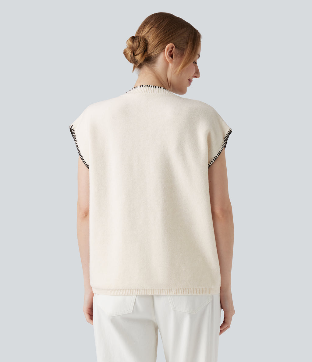 Round Neck Color Block Work Jumper Vest — Slightly Pink — view 2