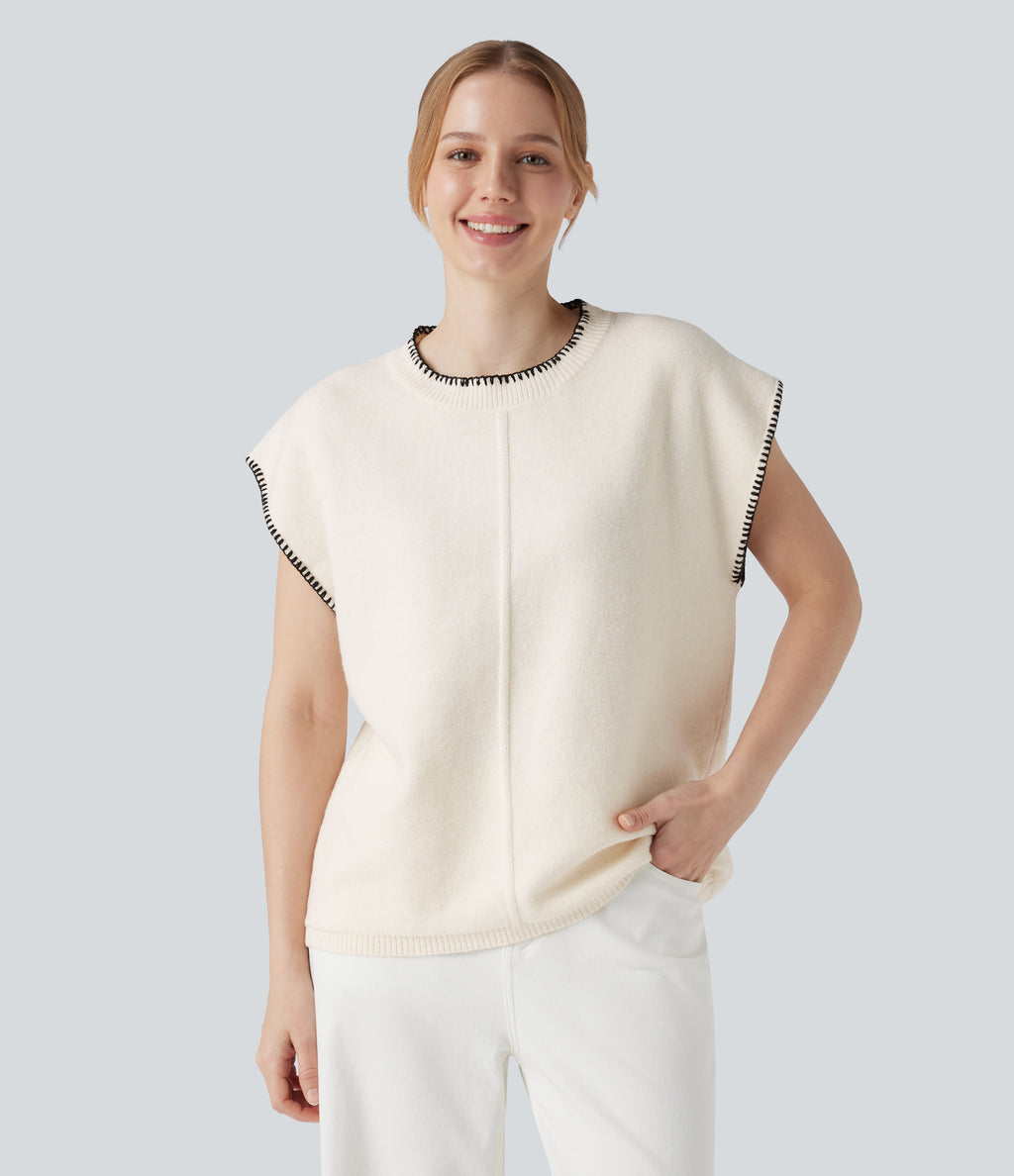 Round Neck Color Block Work Jumper Vest — Slightly Pink — view 4